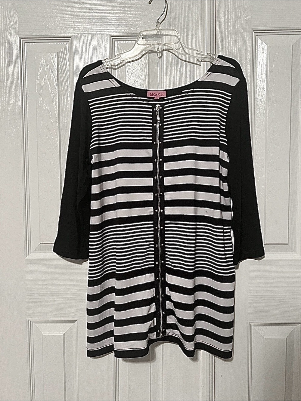 Max & Rina Women’s Black White Striped Long Sleeve Tunic Top Blouse Large